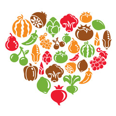 Fruit and Vegetable Icons in Heart Shape