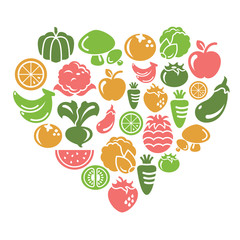 Fruit and Vegetable Icons in Heart Shape