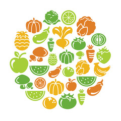 Fruit and Vegetable Icons in Circle Shape