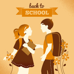 Vintage students background. School boy and girl.