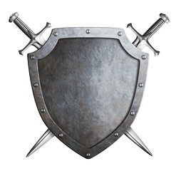 aged metal shield with crossed swords isolated on white