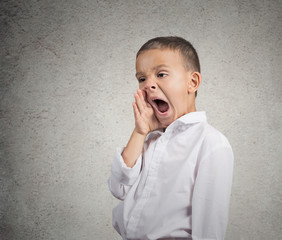 Portrait Tired Child Yawning isolated on grey wall background
