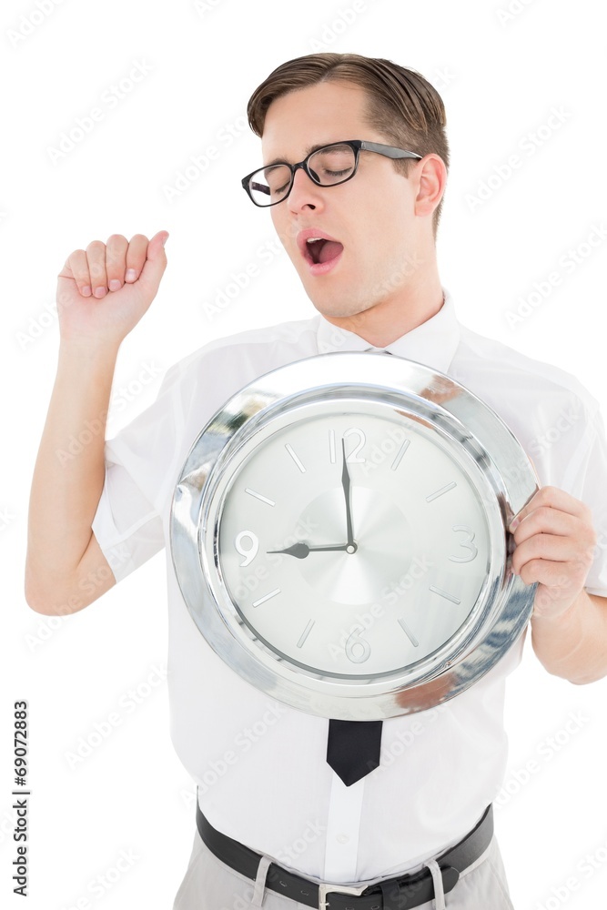 Poster nerdy businessman showing clock to camera