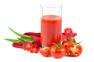 Tomato juice in glass with slices of tomato
