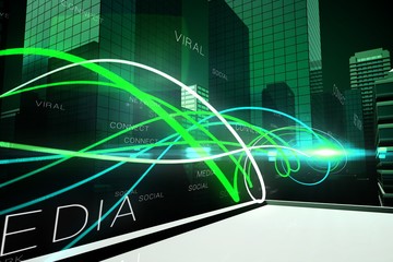 Green light wave over skyscrapers