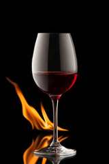 glass of wine on black background with fire splash