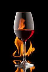 glass of wine on black background with fire splash