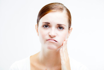 Woman with toothache, Feeling pain tooth - obrazy, fototapety, plakaty