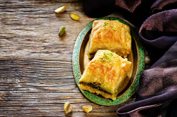 baklava with pistachio. turkish traditional delight