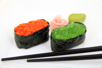 Sushi gunkan with caviar, tobiko. Traditional japanese food