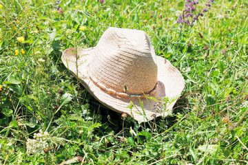 straw cowboy hat on green meadow