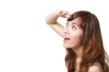 exciting woman look at blank space