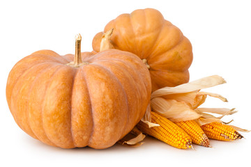 Fresh Pumpkin and corns isolated on white background.