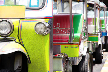 Tuk tuks taxi lined up in Bangkok, Thailand
