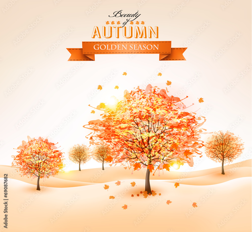 Aufkleber autumn background with colorful leaves and trees.vector illustra