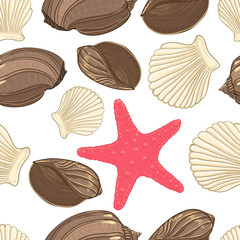 Seamless background with  shells starfish
