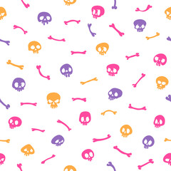 Colorful Cartoon Skulls on White Background Seamless Pattern