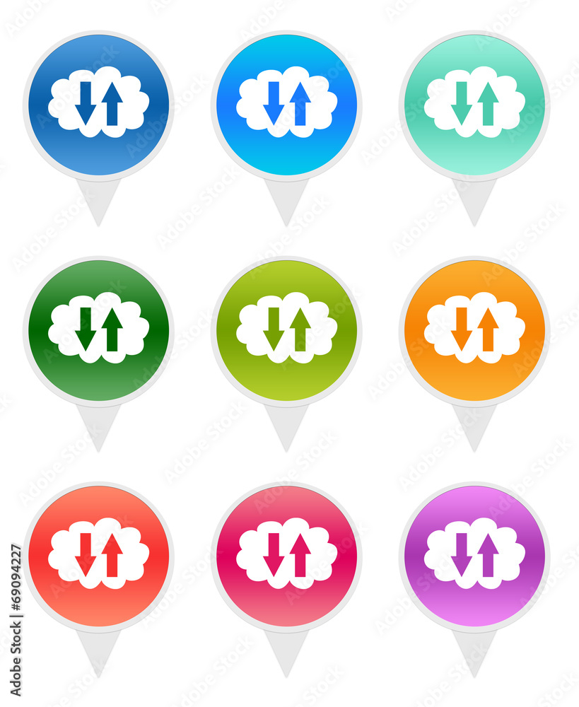 Poster colorful rounded icons for markers on maps with cloud symbol