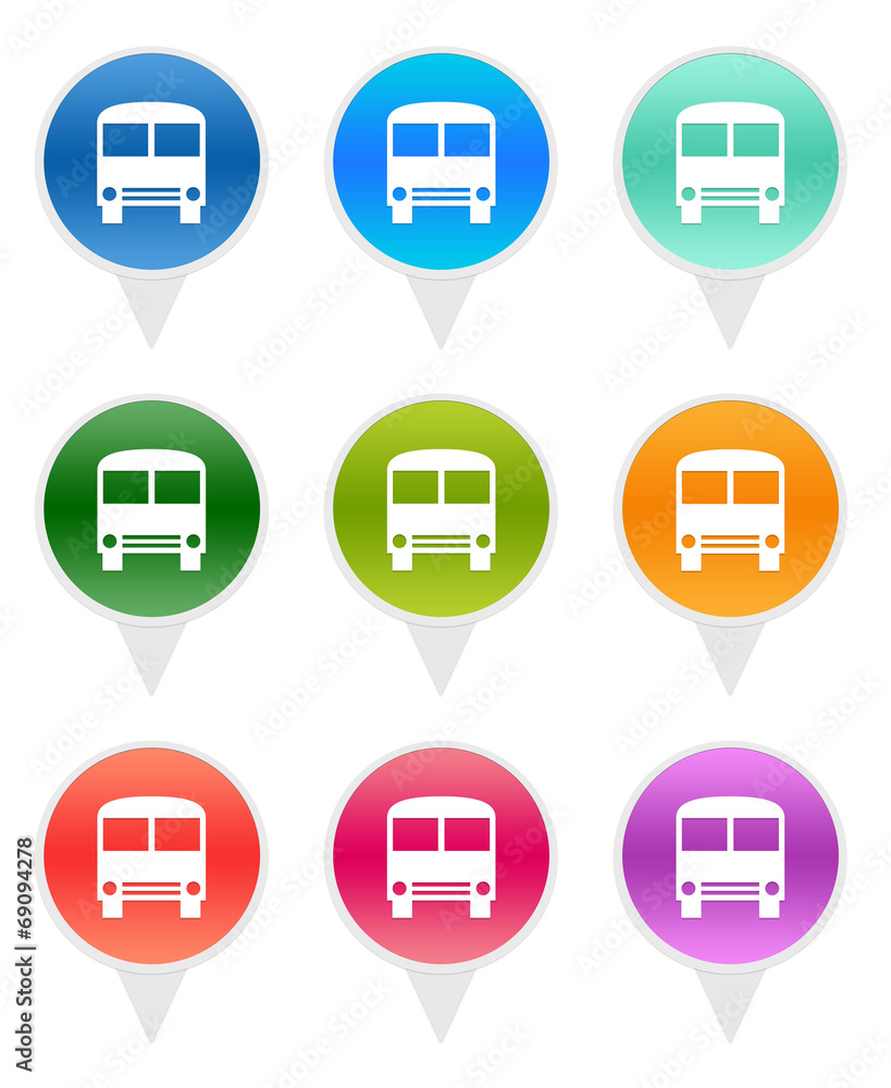Poster colorful rounded icons for markers on maps with bus symbol