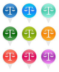 Colorful rounded icons for markers on maps with legal symbol