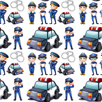 Seamless design with policemen and patrol cars