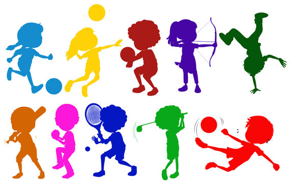 Coloured sketches of kids playing with the different sports