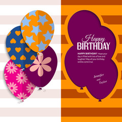Vector birthday card with paper balloons and text.