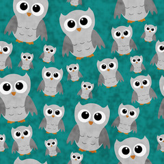 Gray Owls on Teal Textured Fabric Repeat Pattern Background
