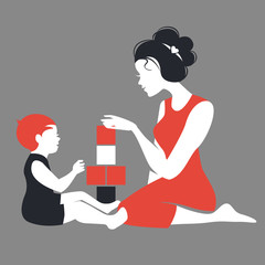 Beautiful silhouette  of mother and baby playing with toys.