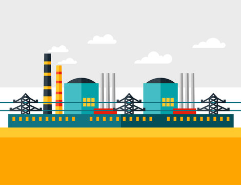 Illustration of industrial nuclear power plant in flat style.