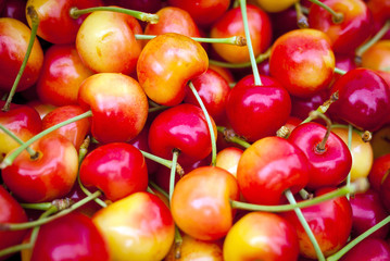 Close up of fresh, sweet bing cherries for sale at a market
