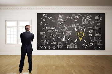 Geschäftsmann vor umfangreichem Business-Plan