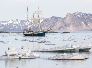 Yacht in the Arctic fjord - Spitsbergen, Svalbard