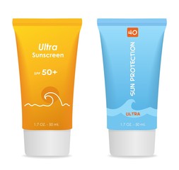 Two  tubes of sun cream. Yellow and blue colors.