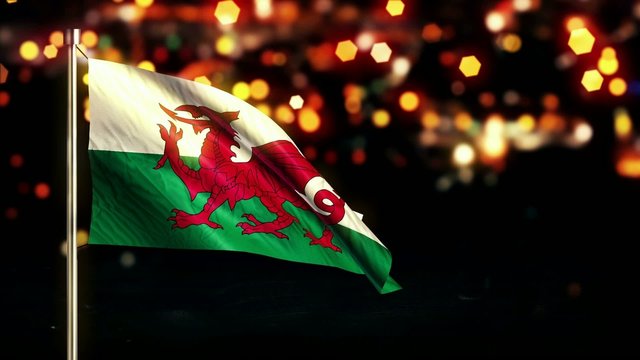 Wales National Flag City Light Night Bokeh Loop Animation