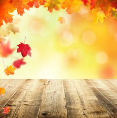 Naklejka na ściany i meble Autumn background with empty wooden planks