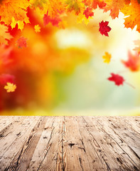 Naklejka na ściany i meble Autumn background with empty wooden planks