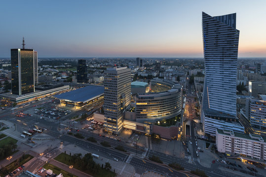 Panorama of Warsaw city center during sundown