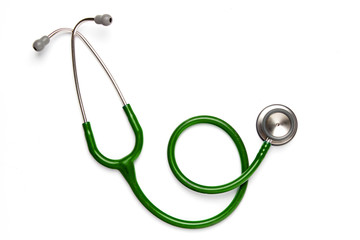 Old green stethoscope on isolated
