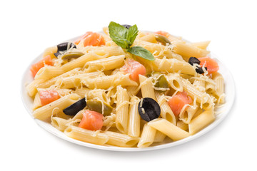 Italian pasta with smoked salmon on a white background