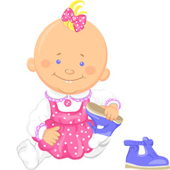 Vector cute baby girl learns to put on one's shoes