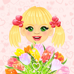 vector pretty sweet girl with a festive bouquet of flowers