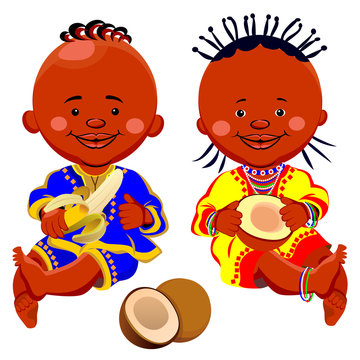 vector african kids with coconut and bananas