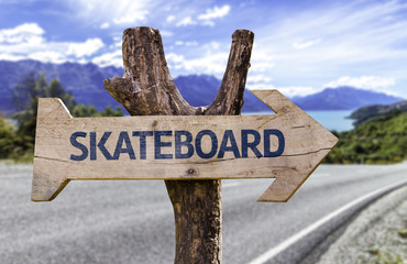Skateboard wooden sign with a street background