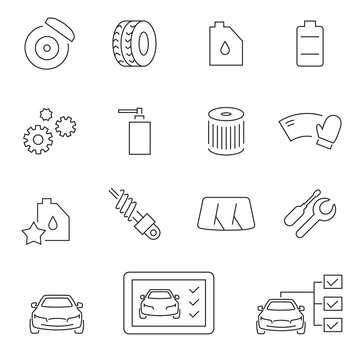 Vector icons. Car parts and service. Thin line, stroke style.