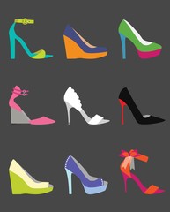 Unique fashionable colorful women shoes icons set