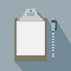 Paper clipbaord and a pen icon with long shadow