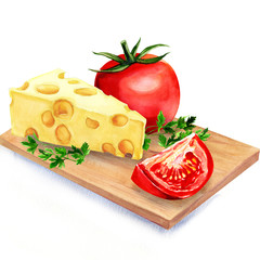 cheese with tomatoes on wooden board