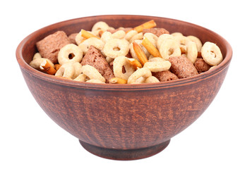 Dry breakfast in a big brown round bowl