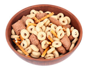 Dry breakfast in a big brown round bowl